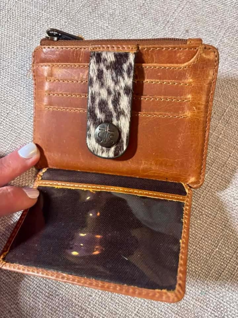 Brown Leather Card Holder with Haircalf Accent - Picture 2 of 3
